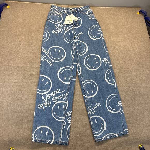 Smiley x H&M Jeans Womens Size 4 Blue AOP Happy Faces Never Stop Smiling 32" NEW - Picture 1 of 15